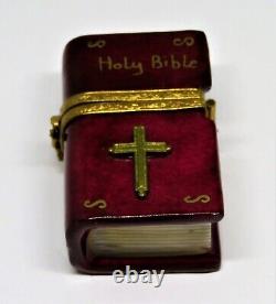 Limoges France Box Burgundy Holy Bible & Cross Candle Inside Peint Main