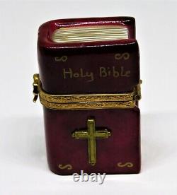Limoges France Box Burgundy Holy Bible & Cross Candle Inside Peint Main