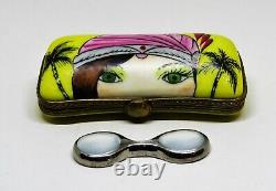 Limoges France Box Case & Removable Sunglasses Art Deco Lady At The Beach