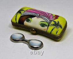 Limoges France Box Case & Removable Sunglasses Art Deco Lady At The Beach