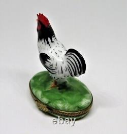 Limoges France Box Chamart Black & White Rooster Leaf Clasp Chicken