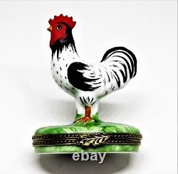 Limoges France Box Chamart Black & White Rooster Leaf Clasp Chicken
