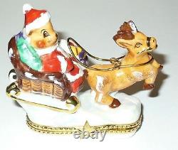Limoges France Box Christmas Santa Claus Teddy Bear Sleigh & Reindeer Le