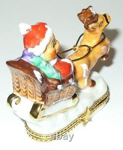 Limoges France Box Christmas Santa Claus Teddy Bear Sleigh & Reindeer Le