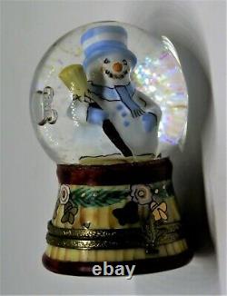 Limoges France Box Christmas Snow Globe Snowman & Broom Wreath & Bells