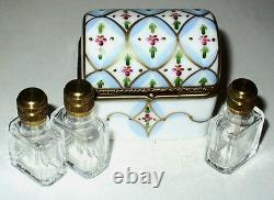 Limoges France Box Dubarry Chest & 3 Perfume Bottles Flowers Peint Main