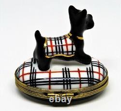 Limoges France Box Gr Scottish Terrier & Plaid Coat Scottie Puppy Dogs