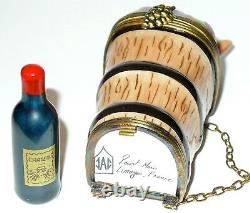 Limoges France Box Keg & Wine Bottle Barrel Grapes Basket Peint Main