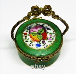 Limoges France Box- Vintage Floral Basket & Removable Green Hat Flowers Rose