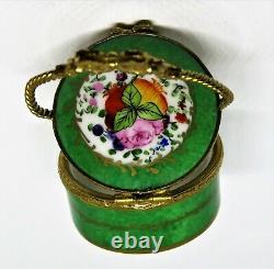 Limoges France Box- Vintage Floral Basket & Removable Green Hat Flowers Rose