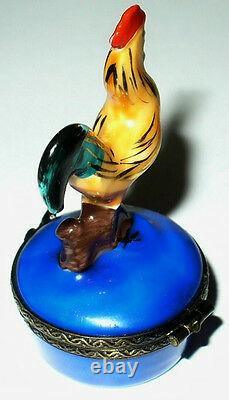 Limoges France Box Vintage Rooster On A Brown Log Fowl Feather Inside