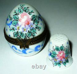 Limoges France Box Vintage Rose Egg & Porcelain Sewing Thimble Peint Main
