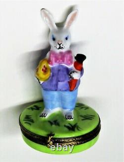 Limoges France Box White Easter Bunny Carrot & Basket Of Eggs Rabbits