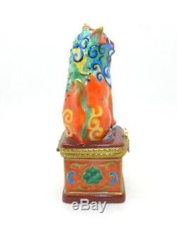 Limoges France Chinese Dragon Foo Dog Hand Painted Trinket Box Orange Blue