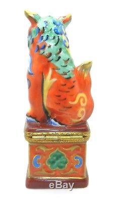 Limoges France Chinese Dragon Foo Dog Hand Painted Trinket Box Orange Blue