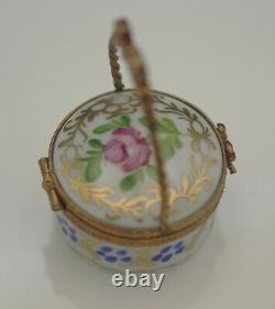 Limoges France Eximious Porcelain Basket With Handle Roses Pill Box