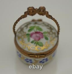 Limoges France Eximious Porcelain Basket With Handle Roses Pill Box