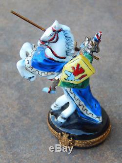 Limoges France Hand Painted Hinged Trinket Box, Jousting Knight on White Horse