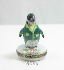 Limoges France Hand Painted Penguin in Green Jacket Trinket Box RARE