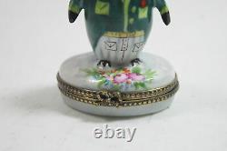 Limoges France Hand Painted Penguin in Green Jacket Trinket Box RARE