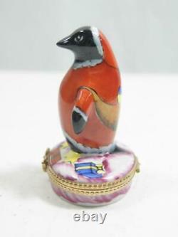 Limoges France Hand Painted Penguin in Santa Suit Christmas Trinket Box