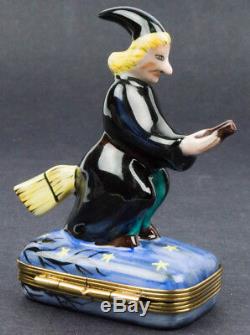 Limoges France Hand Painted Porcelain Witch On Broom Flying Signed Trinket Box