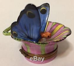 Limoges France Hand Painted Trinket Box Flower with Butterfly