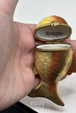 Limoges France JAPANESE KOI FISH Orange Gold Peint Main Hand Painted Trinket Box
