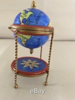 Limoges France- Marque Deposee Paint Main Globe/Compass Porcelain Trinket box