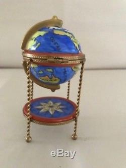 Limoges France- Marque Deposee Paint Main Globe/Compass Porcelain Trinket box