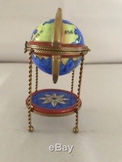 Limoges France- Marque Deposee Paint Main Globe/Compass Porcelain Trinket box