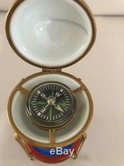 Limoges France- Marque Deposee Paint Main Globe/Compass Porcelain Trinket box