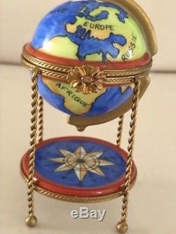 Limoges France- Marque Deposee Paint Main Globe/Compass Porcelain Trinket box