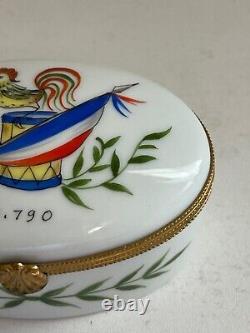 Limoges France Paris Style Porcelain Oval Trinket Box w Flag Rooster & Drum Dec