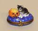 Limoges France Parry Vieille Pv Halloween Trinket Box Black Cat With Pumpkin