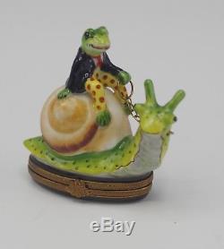 Limoges France Parry Vieille Porcelain Frog Riding Snail Box Very Rare