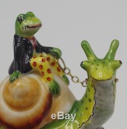 Limoges France Parry Vieille Porcelain Frog Riding Snail Box Very Rare