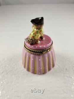 Limoges France Peint Hinged Trinket Box Rare Limited Edition cat with bowl