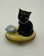 Limoges France Peint Main Black Cat W Blue Eyes Teacup Trinket Box Stunning