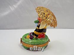 Limoges France Peint Main Bumble Bee Under Gold Umbrella Trinket Box, #291/300