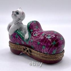 Limoges France Peint Main Cat in Purple Slipper Trinket Box