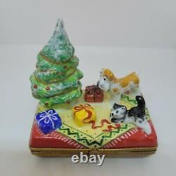 Limoges France Peint Main Christmas Tree Dog Cat Trinket Box