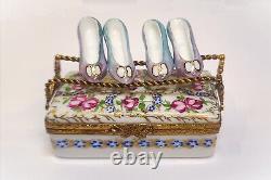 Limoges France Peint Main Floral Shoebox with 2 Pair Shoes Trinket Box RARE