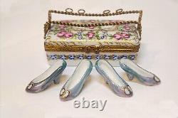 Limoges France Peint Main Floral Shoebox with 2 Pair Shoes Trinket Box RARE