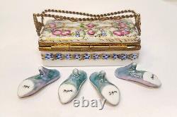 Limoges France Peint Main Floral Shoebox with 2 Pair Shoes Trinket Box RARE