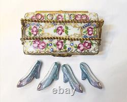 Limoges France Peint Main Floral Shoebox with 2 Pair Shoes Trinket Box RARE