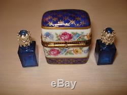 Limoges France Peint Main Hand Painted Hinged Trinket Box with 2 Perfume Bottles
