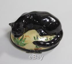 Limoges France Peint Main Large Porcelain Black Cat Ring/Trinket Box Anka Estate