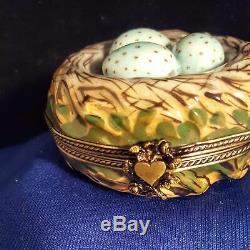 Limoges France Peint Main Marque Deposee Bird Nest Speckled Eggs Trinket Box