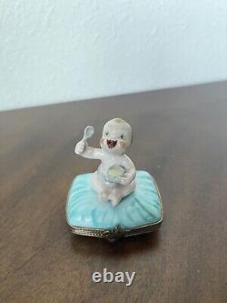 Limoges France Peint Main Porcelain'Happy Baby' Trinket Box Bear Clasp